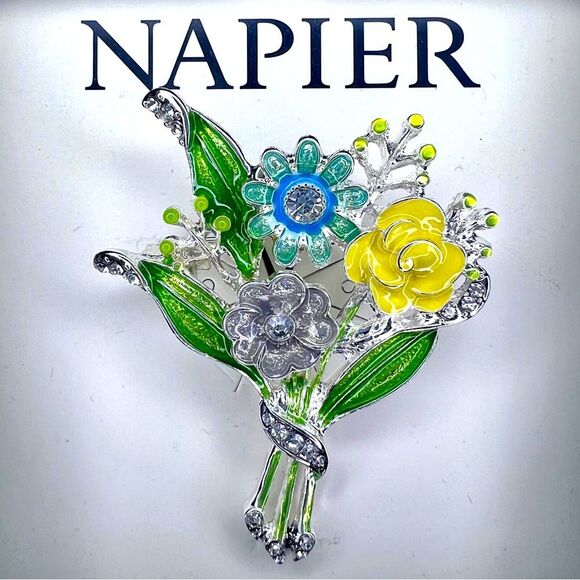 Napier Jewelry - New Napier Silver Tone Simulated Crystal and Enamel Flower Bouquet Pin